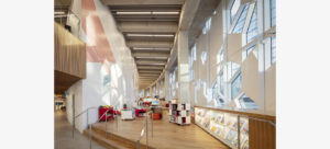 Calgary Central Library, children's section, high ceilings and decorated with geometric murals and windows
