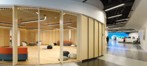 Rail 4 illuminates the Milner Library community space and adjacent hallway