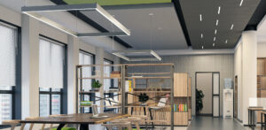 An office space with 2 Rail 1.5 S1 in grid patterns hanging over two tables